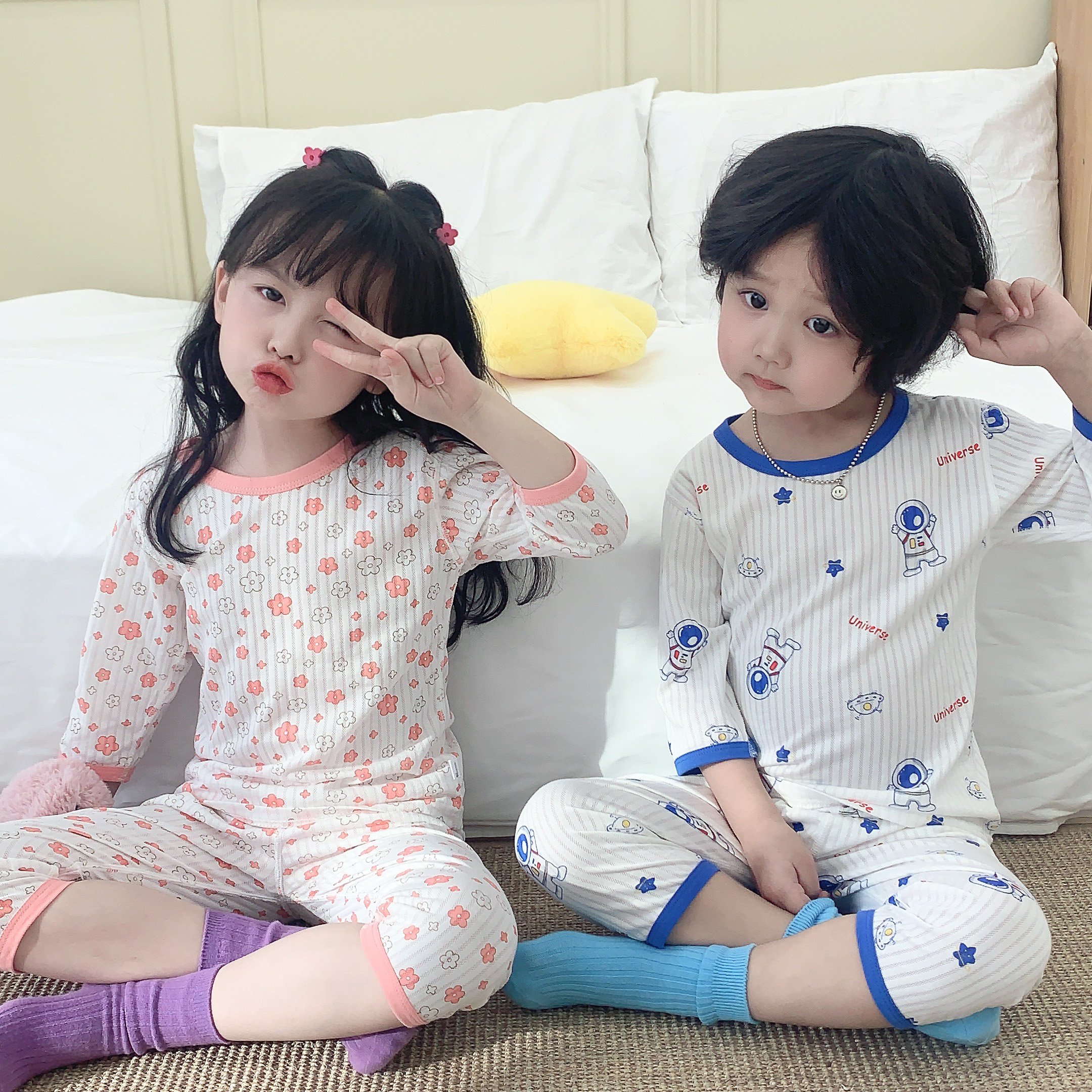 宝宝无骨空调服套装夏季薄款套头睡衣儿童套装男童男宝宝秋衣套装