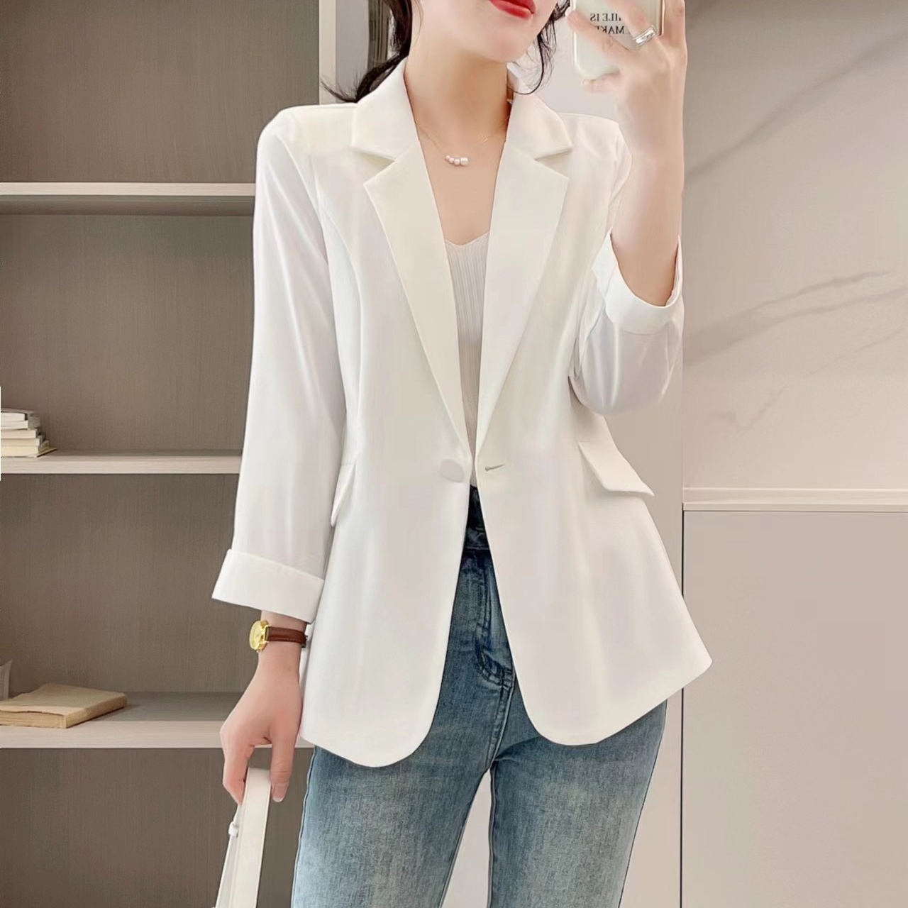 【C401-C410】韩版小西装显瘦白色短款夏季宽松呢子外套中长款