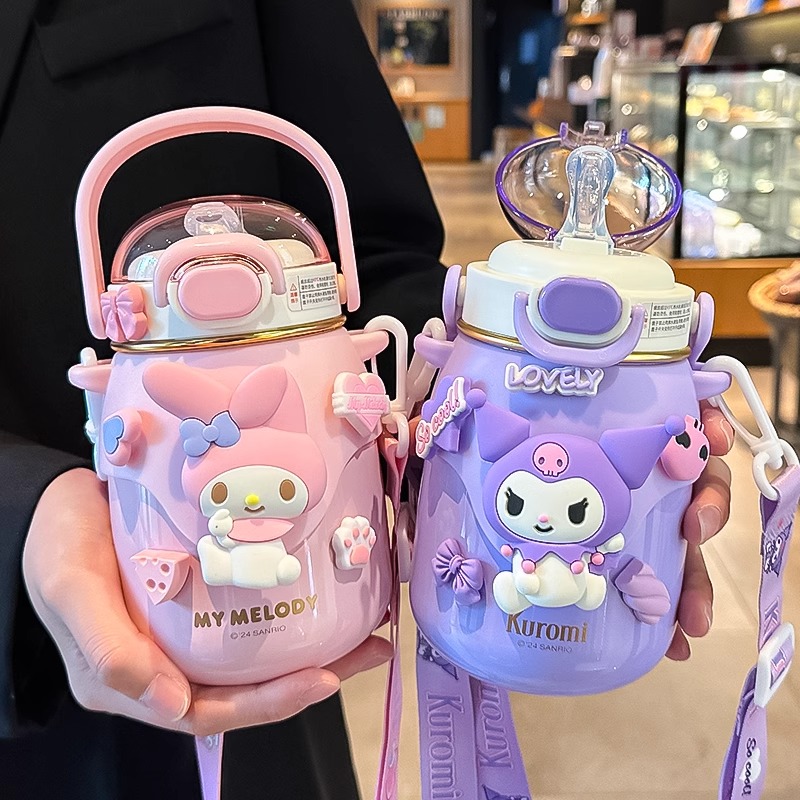 库洛米儿童保温杯大容量可爱女孩吸管水杯子小学生上学专用大肚杯