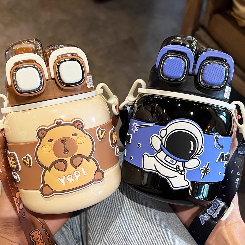 奇怡卡皮巴拉儿童保温杯大容量双饮吸管水杯小学幼儿园上学用水壶