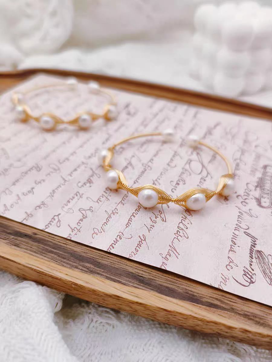 天然淡水珍珠原创手工绕线14k包金恶魔之眼时尚开口手镯不分大小