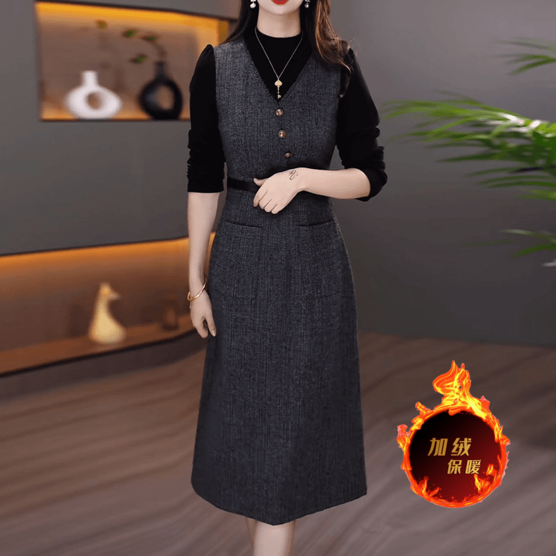 高端优雅气质长袖假两件套连衣裙加绒收腰显瘦2024女装时尚潮流