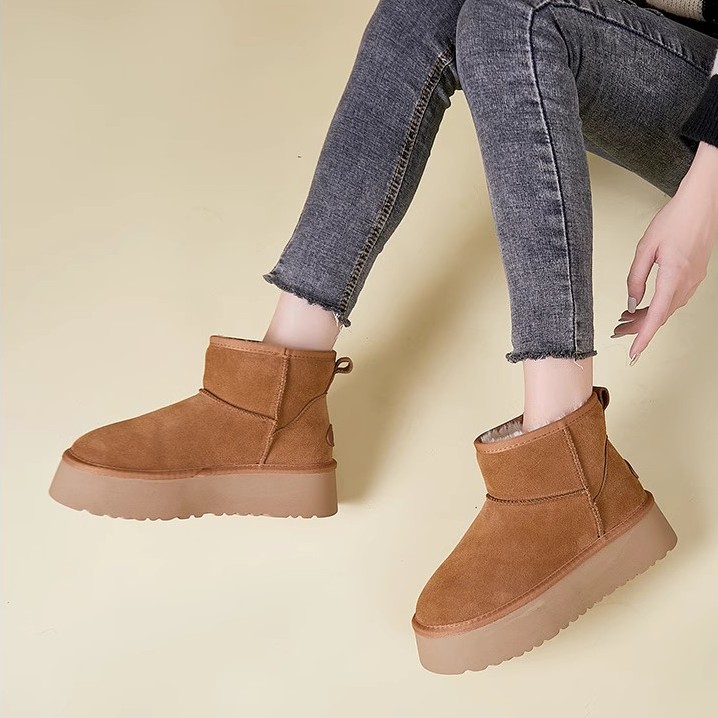 【专属L】情侣款雪地靴男女真皮厚底雪地靴短筒冬加绒加厚保暖棉鞋