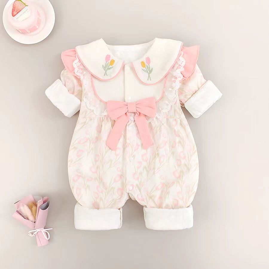 婴儿春秋衣服女宝宝郁金香连体衣满月百天洋气公主哈衣外出爬爬服