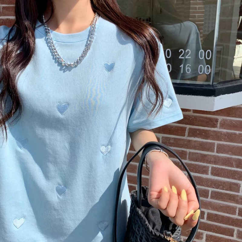 短袖t恤女2024年夏装新款洋气圆领爱心刺绣宽松韩版上衣!@#!@@#!@