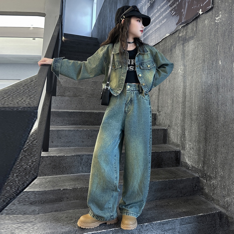 女童春秋牛仔套装2025新款儿童韩版洋气时髦外套休闲阔腿裤两件套