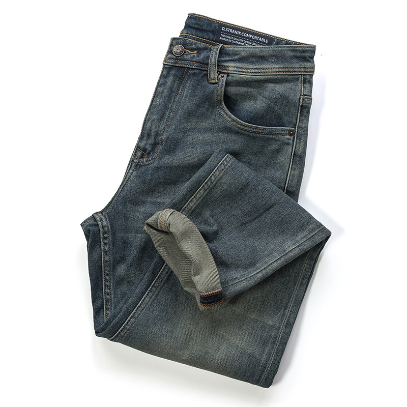 3255 蓝色牛仔裤男休闲小直筒复古水洗猫须气质做旧美式高端百搭