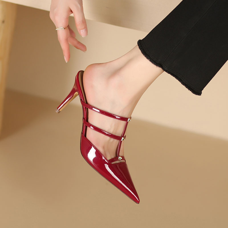 【明星同款】 V家铆钉凉鞋女夏外穿时装法式细跟高跟鞋小众百搭鞋子