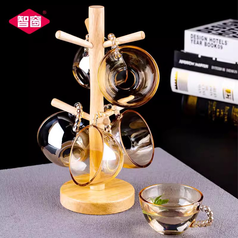 轻奢珍珠款小茶杯套装家用耐热玻璃水杯加厚带把手泡茶杯实木杯架