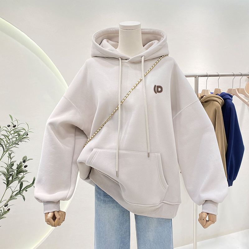 白色卫衣女2023秋冬装新款潮韩版加绒加厚宽松休闲大码上衣中长款