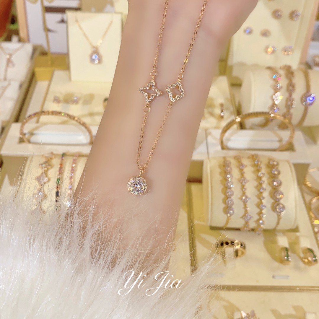 语花印 铜合金合成锆石项链 春日花花高定系列项链FS910香槟色