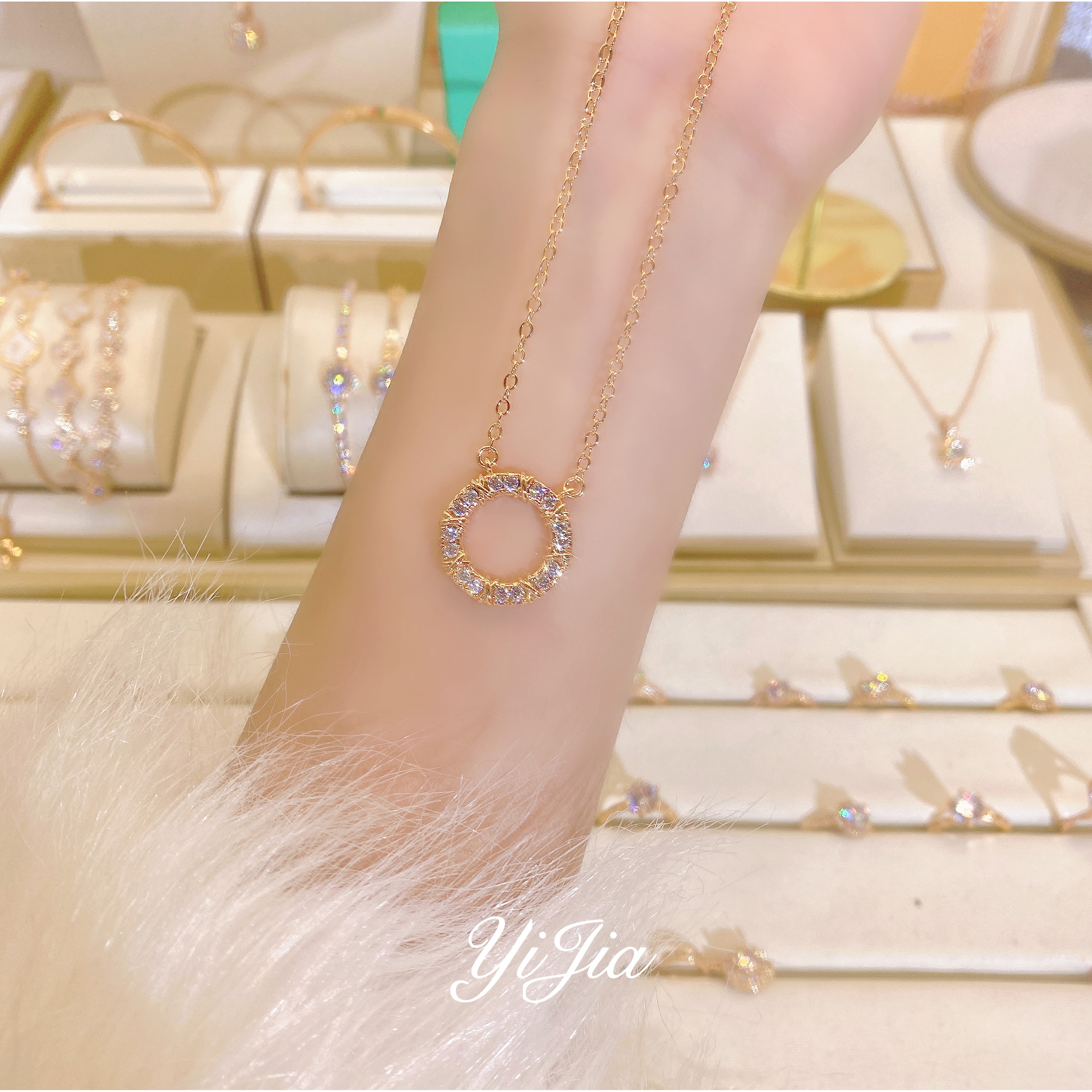 铜合金合成锆石项链 时尚XO交叉FS807香槟色气质轻奢百搭精致经典