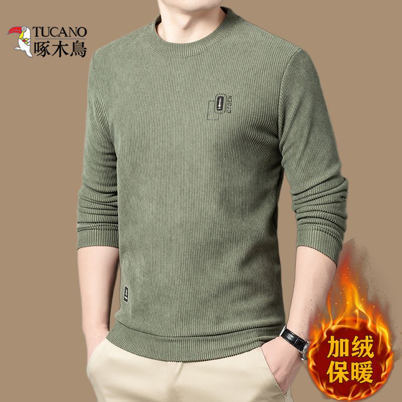 秋冬加绒加厚卫衣男圆领长袖体恤时尚印花宽松打底衫上衣潮