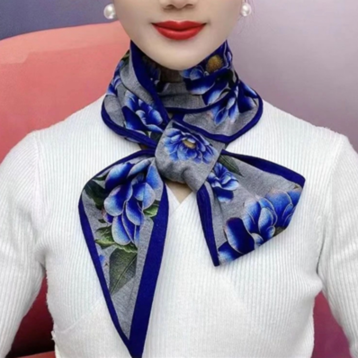 秋冬新款彩色花卉螺纹棉古韵耳朵巾围巾长条丝巾护颈围巾气质百搭