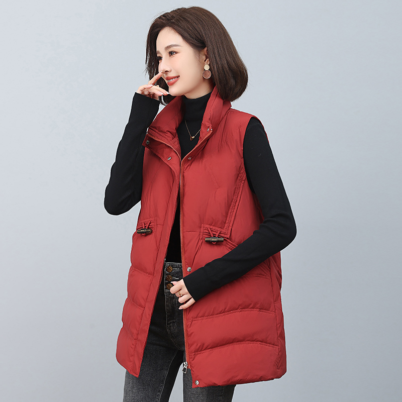【90白鸭绒】韩版立领中长款女士羽绒外套马甲秋冬马夹中年妈妈背心