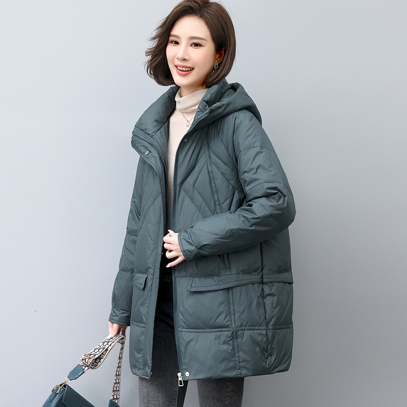 【90白鸭绒】韩版连帽中长款羽绒服女秋冬季轻薄保暖中老年妈妈外套