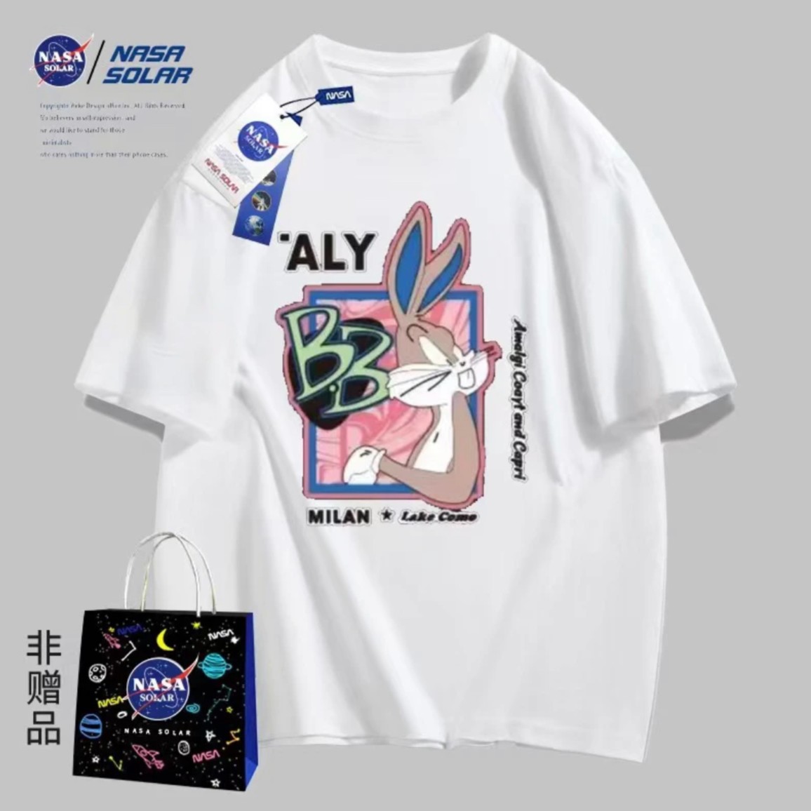 NASA 联名款春款国潮圆领常规短袖套头时尚同款-B兔