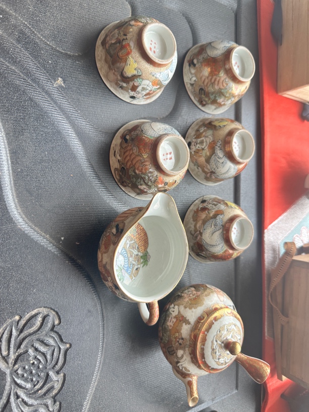 海外回流九谷烧茶具套一壶一公道五杯，七福神画片有使用痕迹