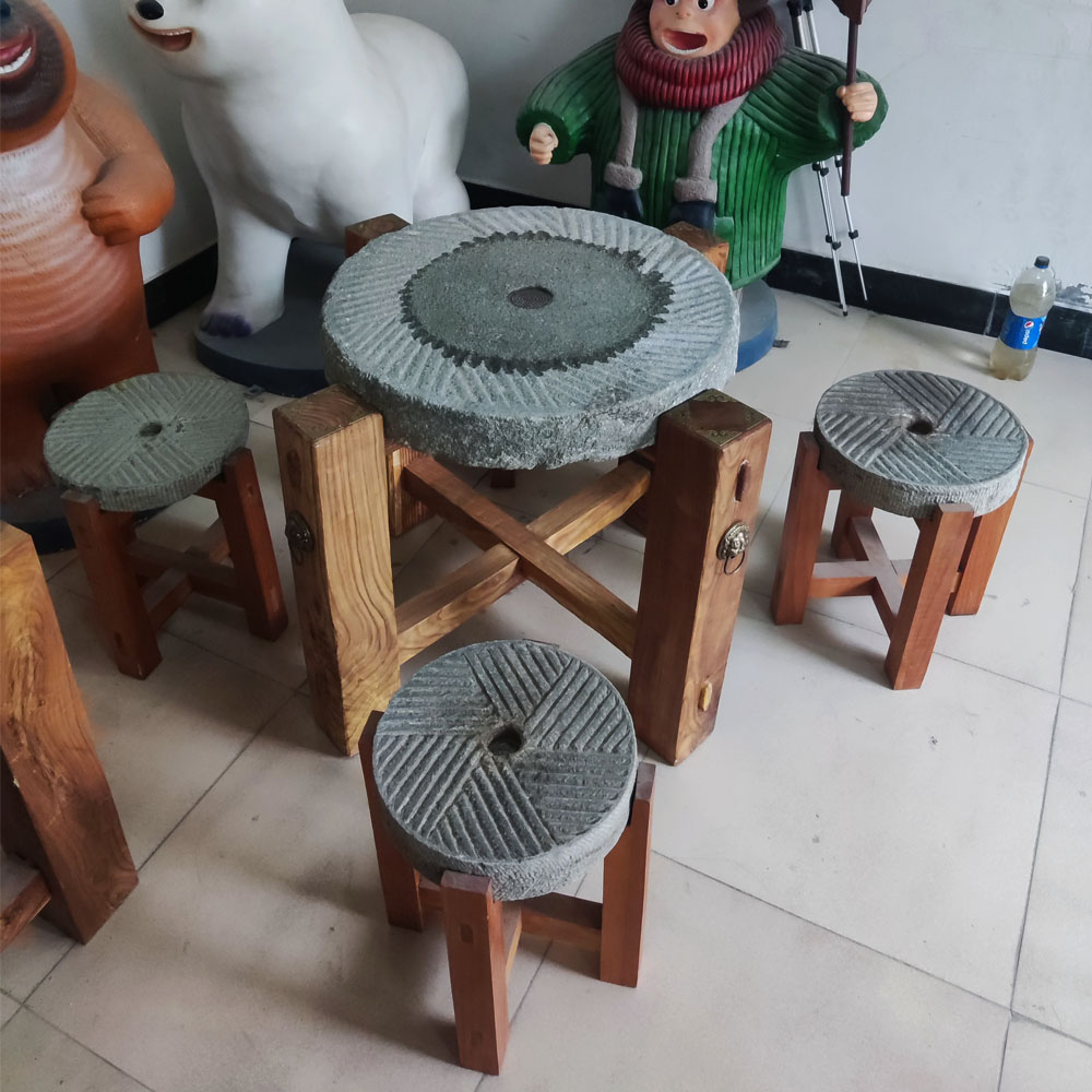 （包邮）农村老石磨天然石材磨盘木架茶桌茶台茶盘老石磨凳子摆件