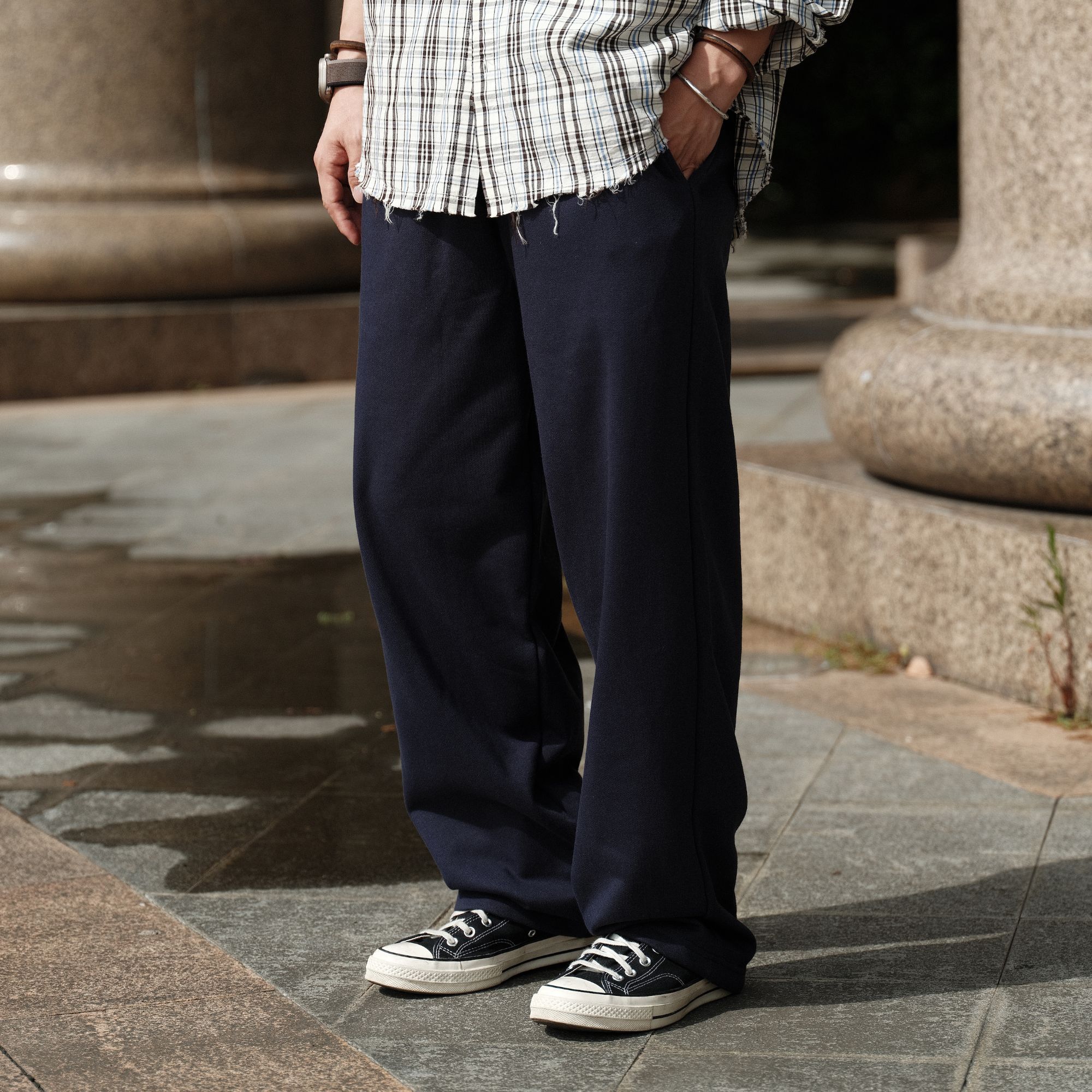 PrintsCrew 450克毛圈阔腿宽松休闲裤男卫裤纯色长裤秋冬百搭潮