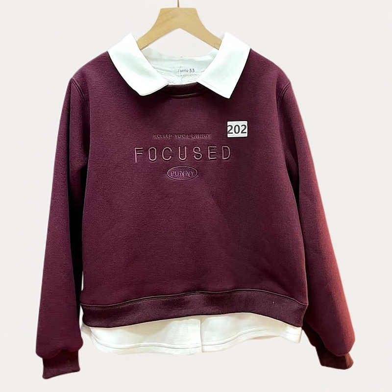 翻领一排小字母正肩袖刺绣糕糕绒小个子卫衣女百搭加厚加绒休闲