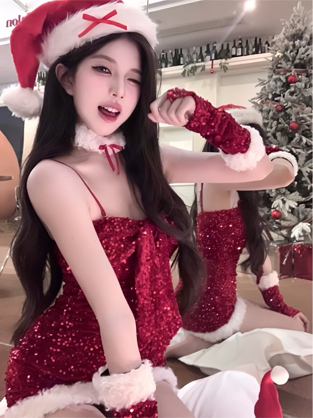 铃铛响了：美神鹿小姐*原创圣诞气质闪片蝴蝶结抹胸显瘦生日礼服