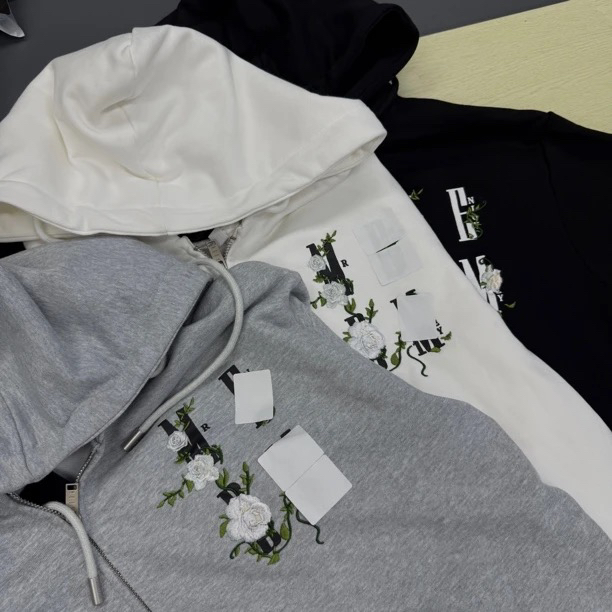 立体刺绣山茶花拉链帽衫男女宽松情侣外套卫衣