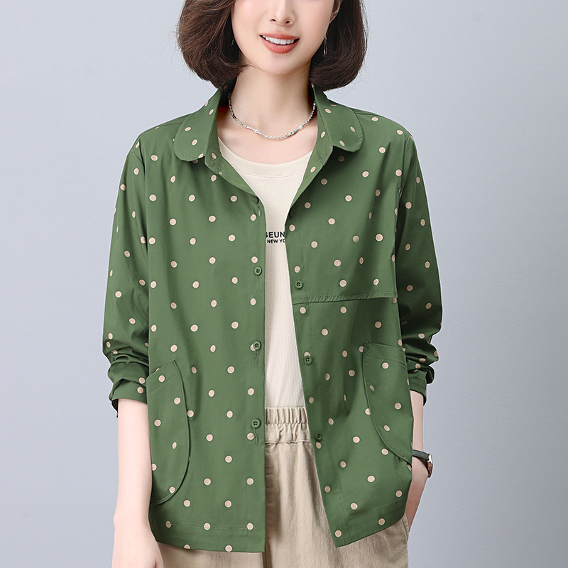 春秋季新款衬衫绿色波点衬衣大码长袖排扣开衫薄款休闲上衣宽松