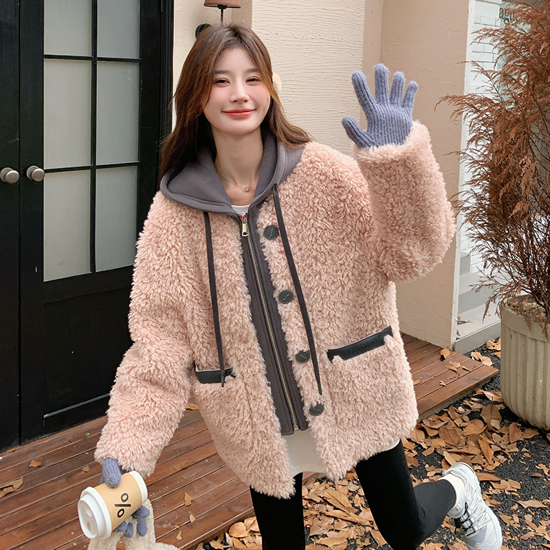 梦玫8805粉色假两件连帽毛毛外套女新款奶fufu韩系皮毛一体棉服
