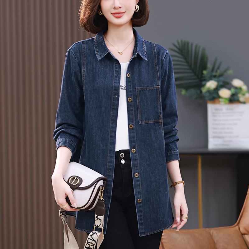 2605牛仔长袖衬衫外套女春秋百搭韩版宽松大码休闲中年妈妈衬衣潮