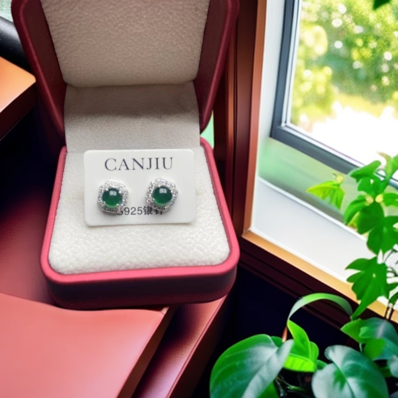 S925银镶天然翡翠气质时尚精致满绿女士经典公主方耳环