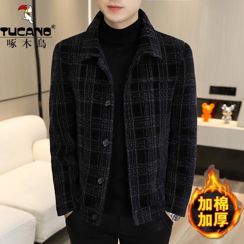 【啄木鸟】新款冬季加厚毛呢夹克男短款矮个子休闲男装加绒外套