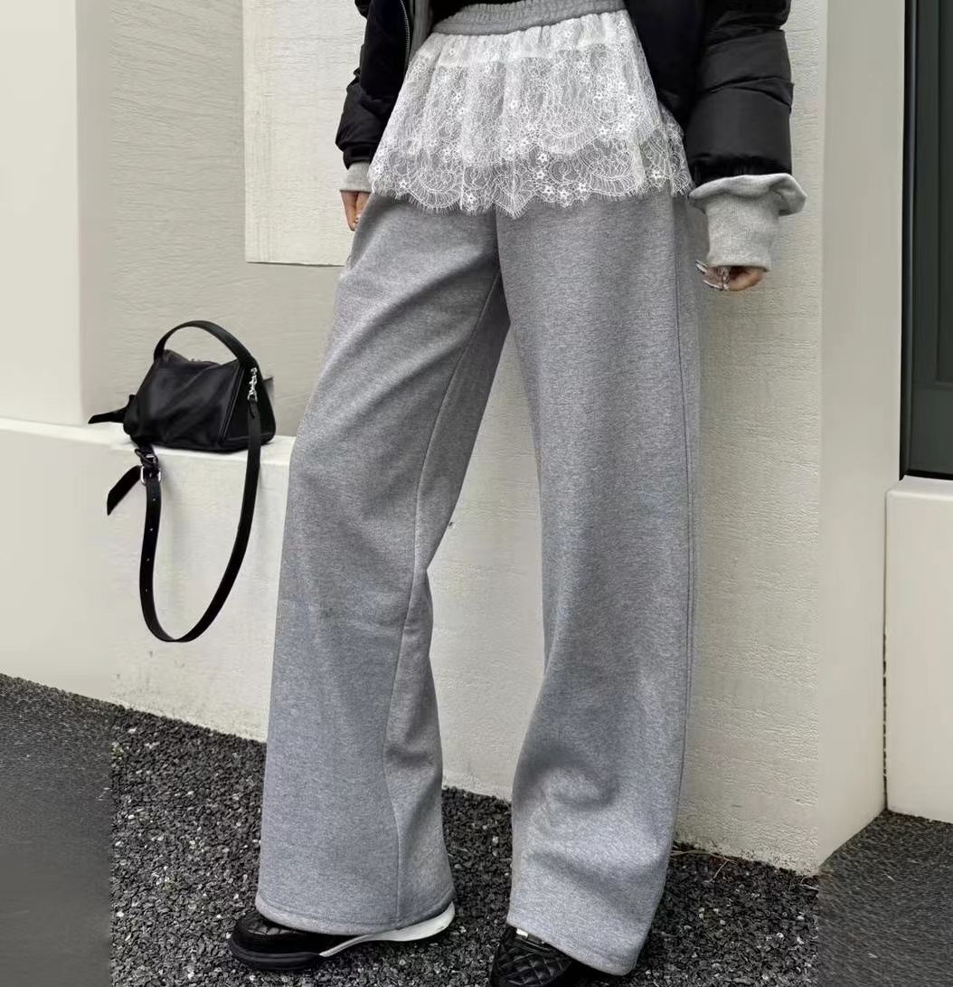 （芝芝欧尼）部分现货！加绒新款芭蕾风蕾丝花边直筒阔腿裤女C286