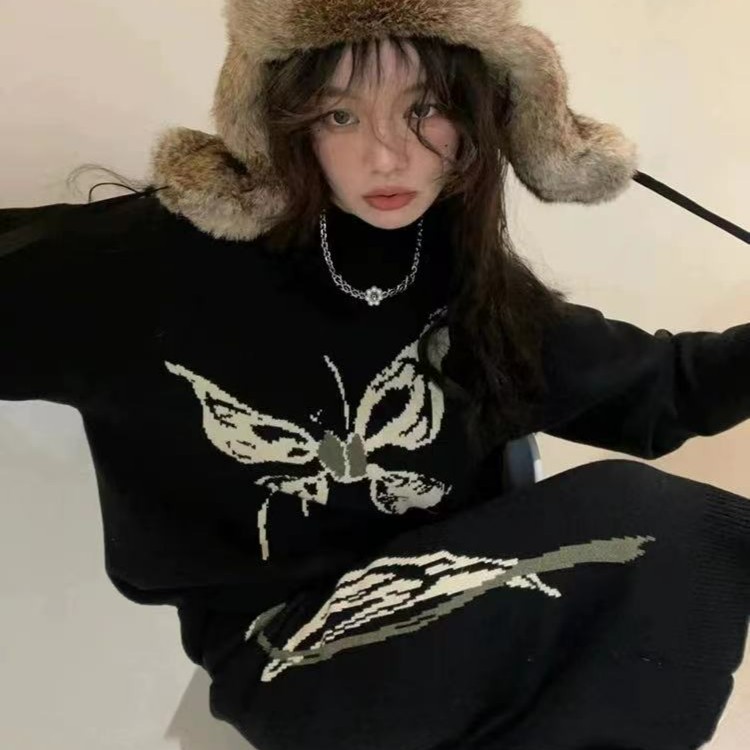 （被围观）软糯日系复古慵懒蝴蝶卷边针织ins毛衣套装冬季女#3022