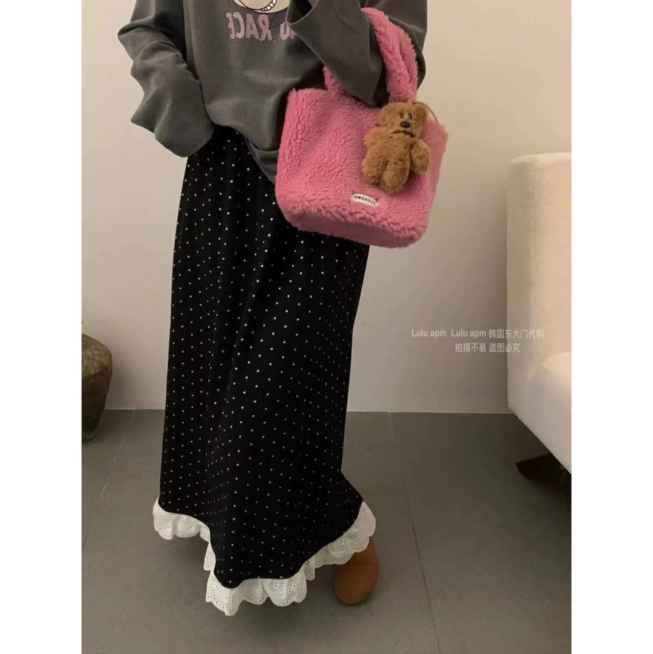 （珍珠奶茶）韩国东大门加绒波点毛呢高腰A字裙蕾丝边半身裙女C275