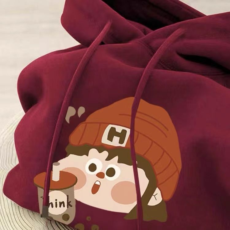 男女童卫衣秋冬棉质华棉印花加绒加厚宝宝洋气连帽百搭酒红上衣潮