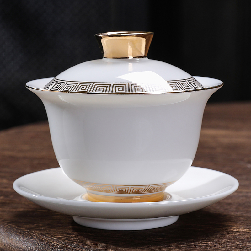 德化羊脂玉大盖碗三才盖碗陶瓷茶具带盖泡茶碗瓷盖碗白瓷大号家用