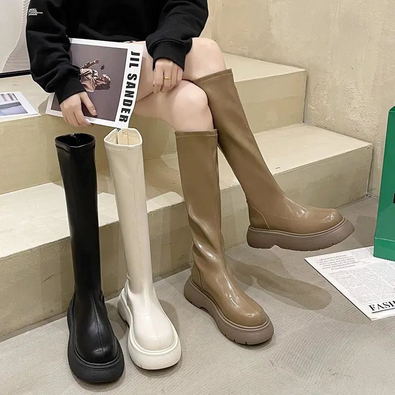 增高显瘦不过膝长靴女2023年新款高筒时尚百搭小个子英伦风骑士靴