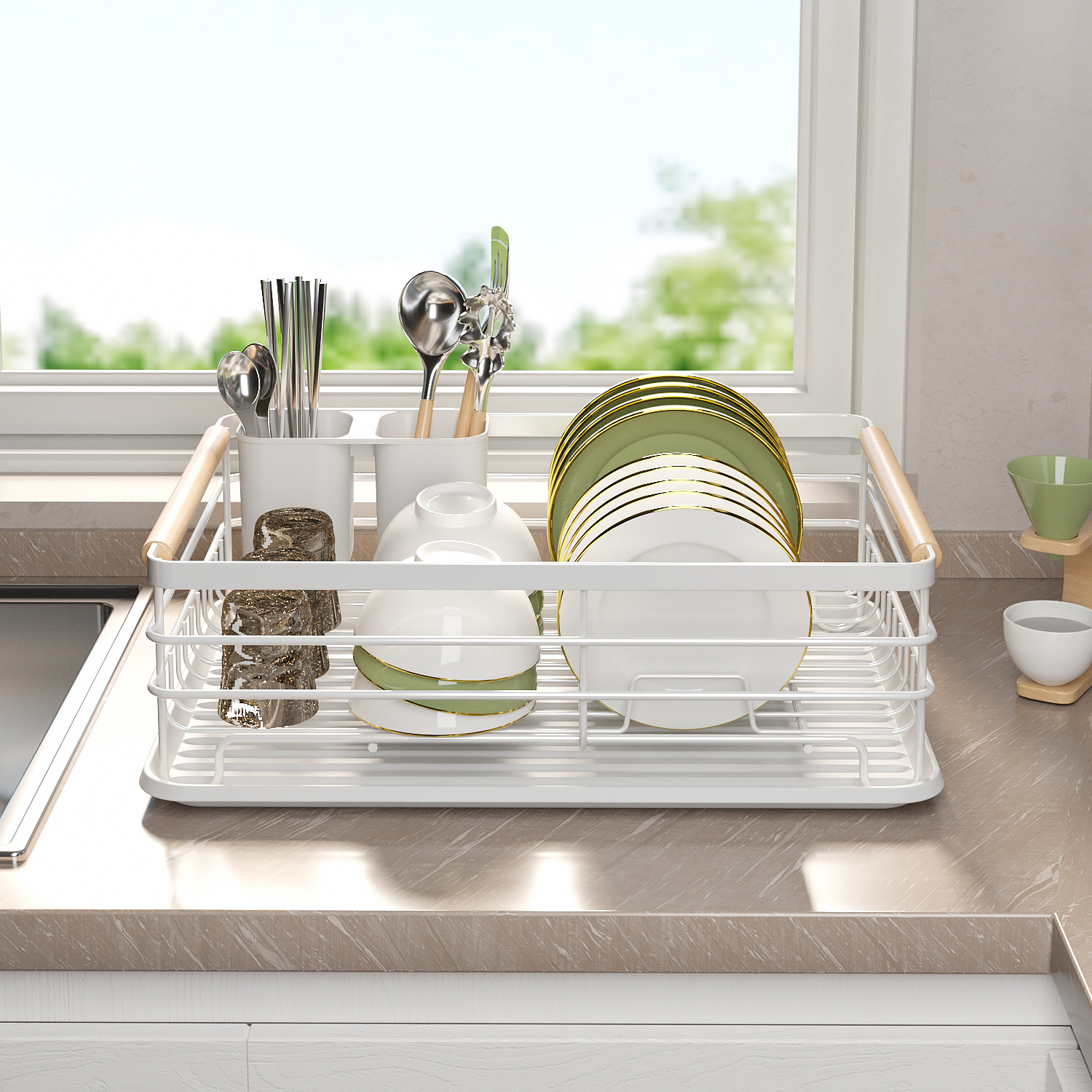 厨房台面家用白色碗碟沥水架单层盘子架多功能碗筷架碗架子置物架