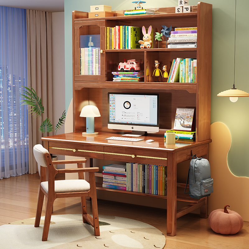 实木书桌书架一体抽屉电脑桌卧室学生写字桌简约高中生专用学习桌