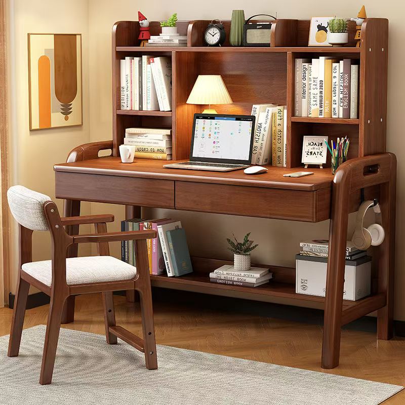 实木书桌高书架一体电脑桌卧室学生写字书桌简约高中生专用学习桌