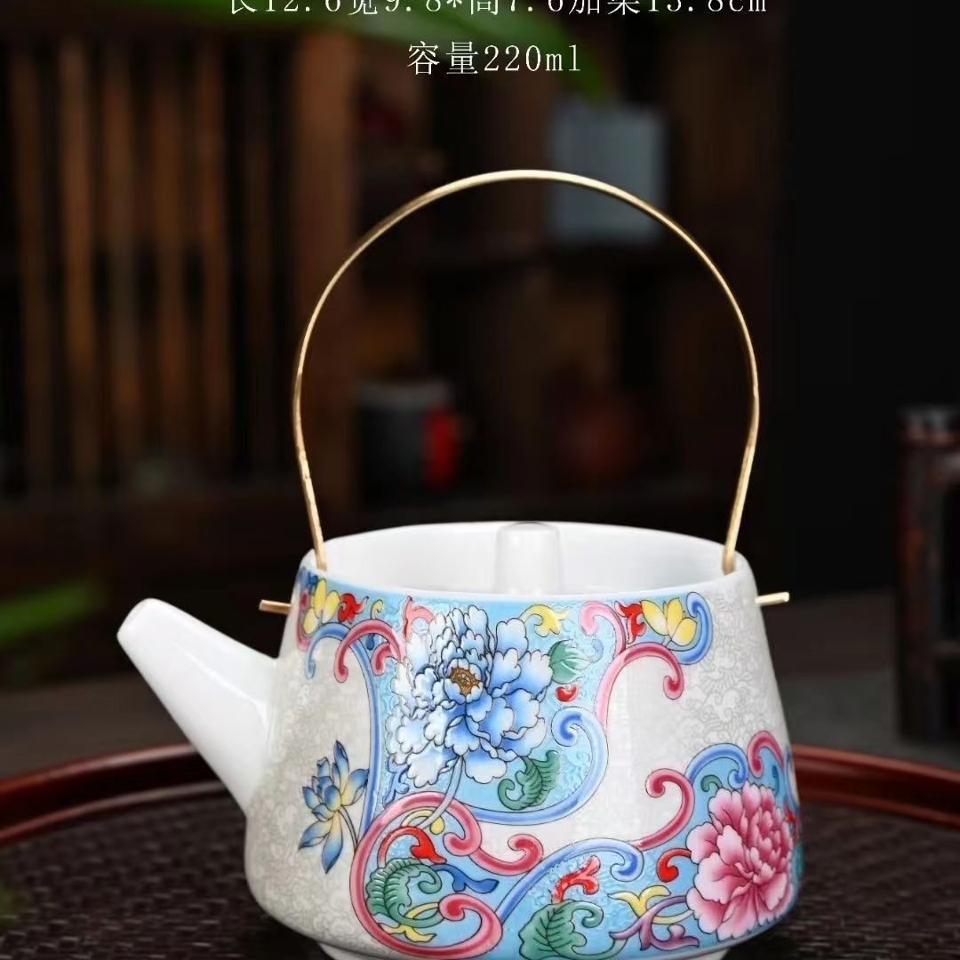 高端羊脂玉瓷掐丝银蓝牡丹提梁壶（一壶两杯）功夫茶具中式泡茶壶