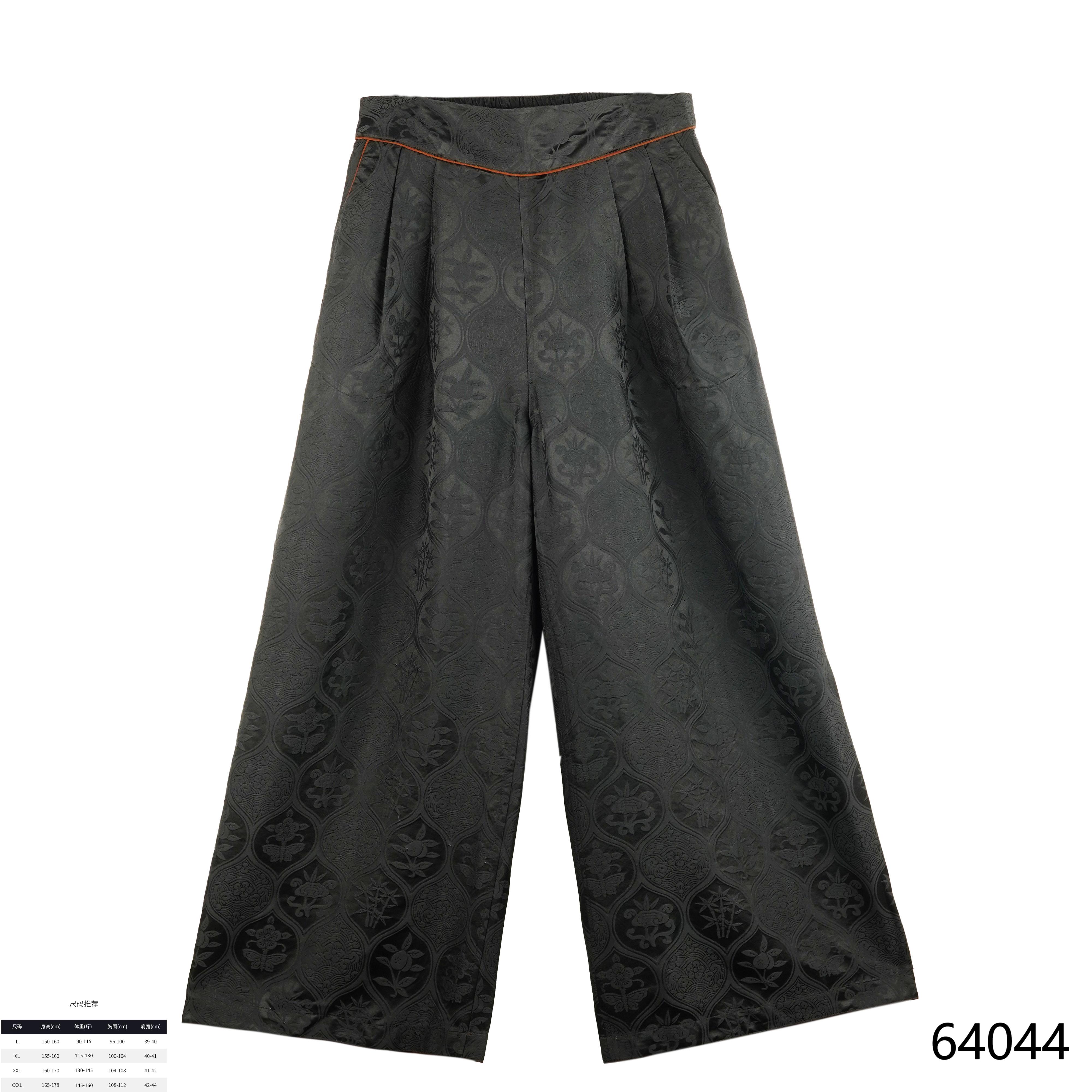 YZ 2025款时尚国风如意百草重缎皮子高腰直筒阔腿长裤64044