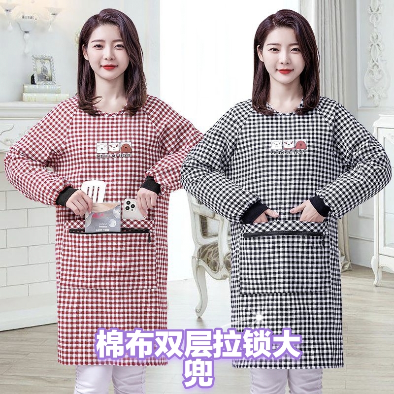 国风时尚简约棉格透气舒适耐磨防尘防油污成人家用干活长袖罩衣