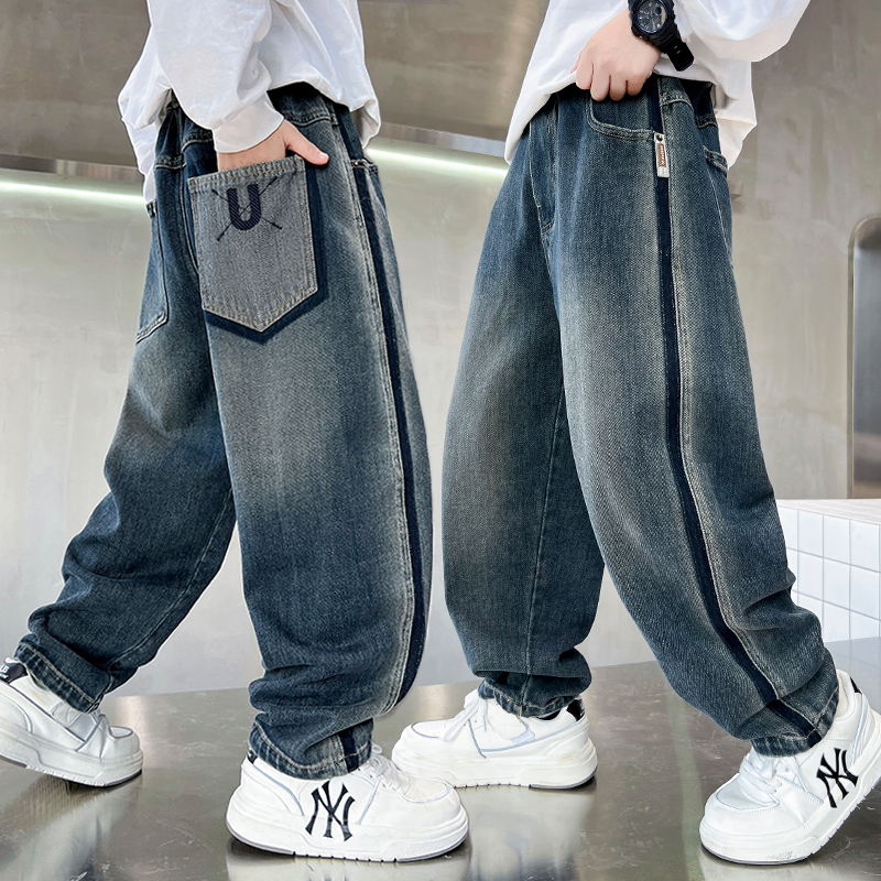 男童裤子春秋款儿童牛仔裤潮帅气时髦2024新款男孩秋装宽松休闲裤