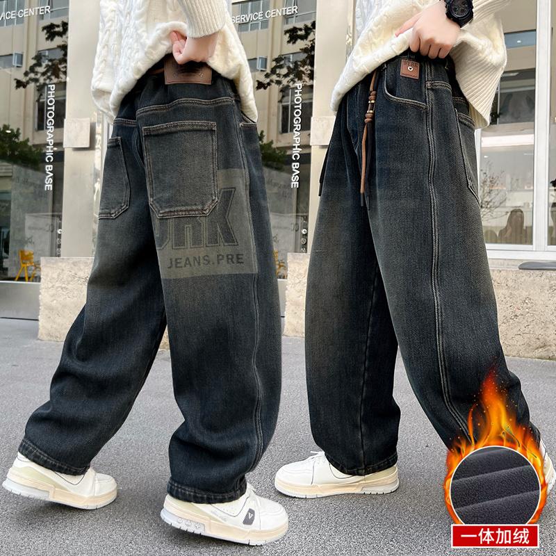男童加绒牛仔裤一体绒冬款2025新款儿童宽松休闲裤中大童冬装裤子