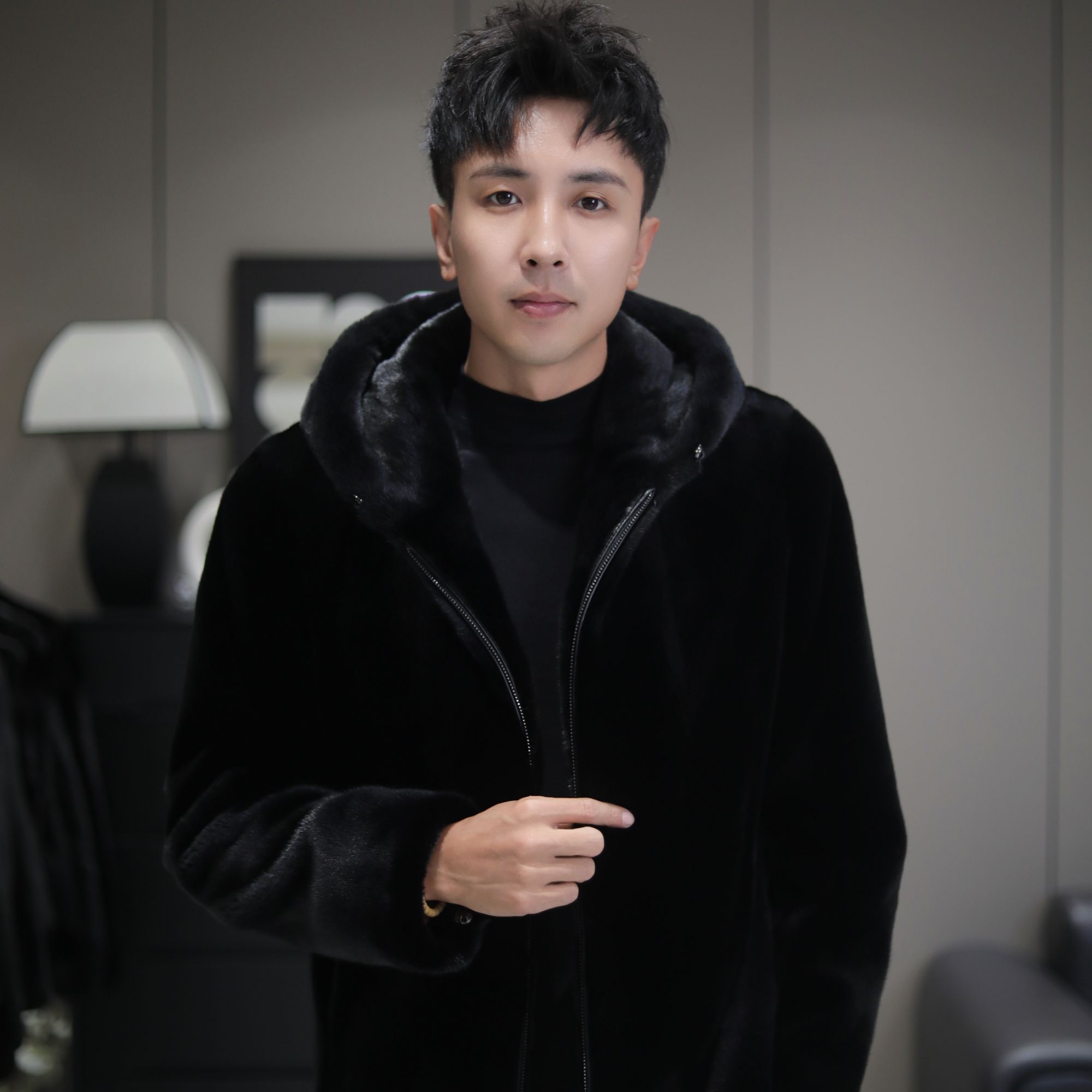 [仙诺皮草]2025男装拉链帽皮草外套水貂天鹅绒休闲皮草大衣