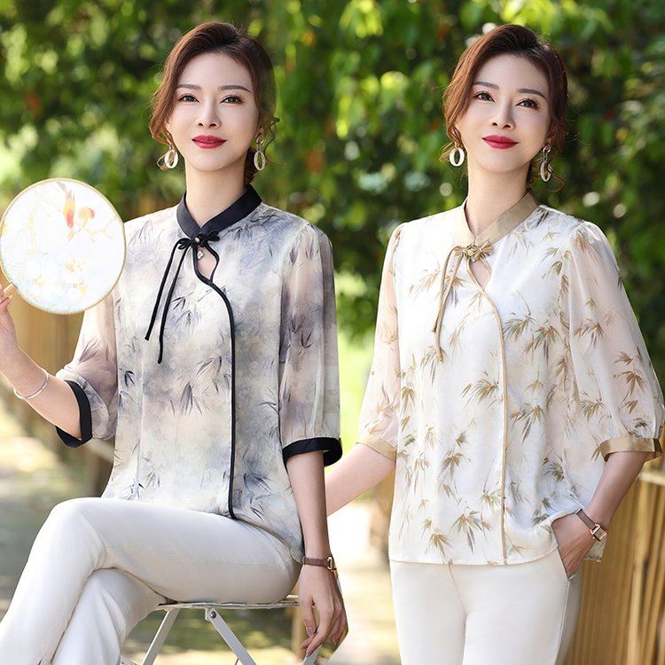 妈妈夏装新中式雪纺小衫套装2024新款中老年女士春秋洋气国风