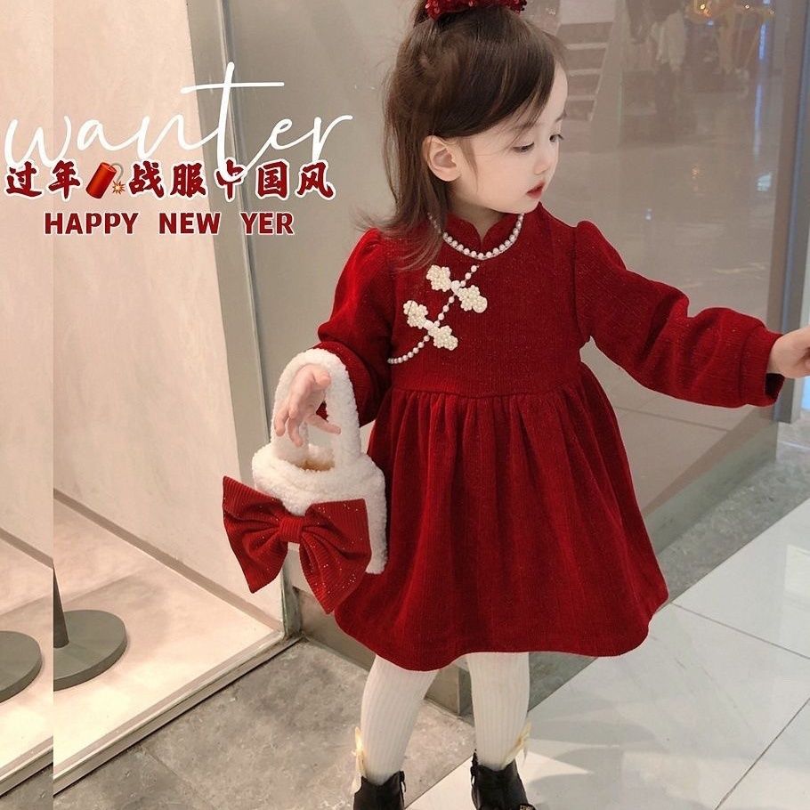 女童加绒裙子2023冬款拜年服女宝宝红色中国风洋气网红旗袍公主裙