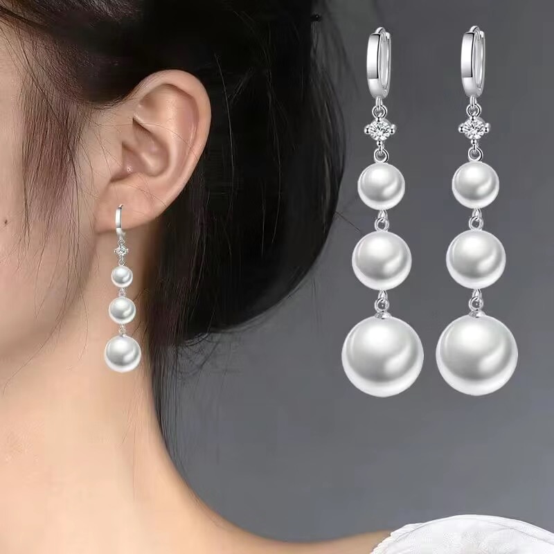925银耳饰 流苏珠珠耳环女简约气质百搭中长款养耳洞耳饰品送妈妈